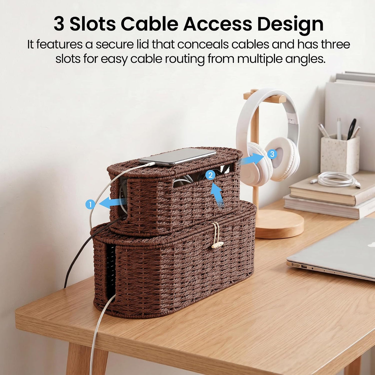 Set of 2 Cable Management Box, Handwoven Cord Hider Box with 3 Open Slots