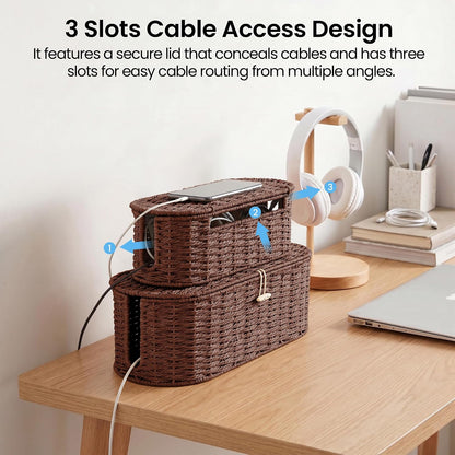 Set of 2 Cable Management Box, Handwoven Cord Hider Box with 3 Open Slots