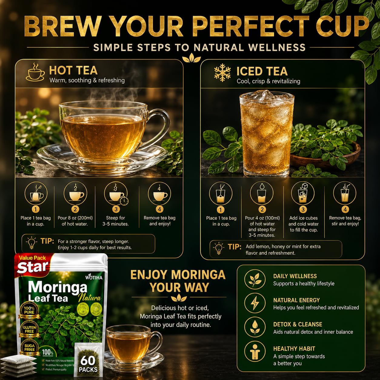 WOTIHA 60 Count Premium Lemon Balm Tea Bags - 100% Pure Natural Leaves, Lemony Citrusy Flavor, Supports Calming & Digestion, Caffeine-Free, Additive-Free, Sugar-Free, Vegan Non-GMO