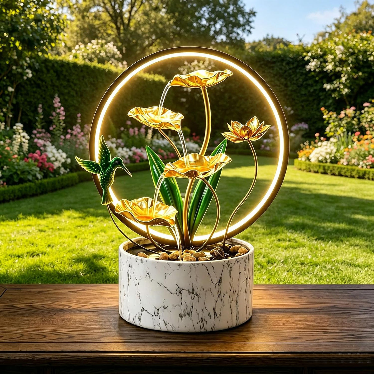 15" H Indoor Modern Tabletop Water Fountain LED Light, Yoga Meditation Room Father Day Decor Lotus Flower Floor-Standing Fountain