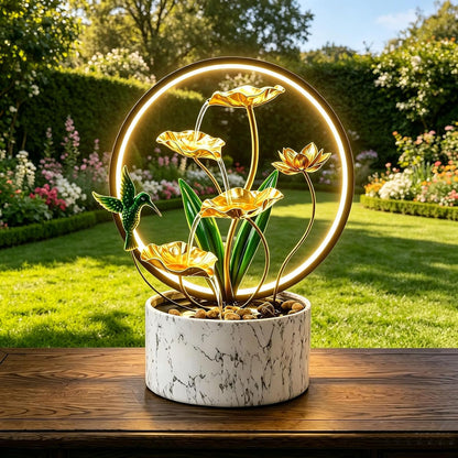 15" H Indoor Modern Tabletop Water Fountain LED Light, Yoga Meditation Room Father Day Decor Lotus Flower Floor-Standing Fountain