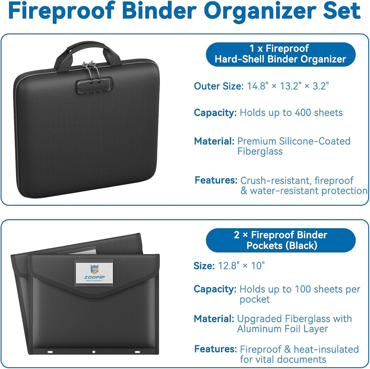 Fireproof Binder Organizer with 20 Pack Binder Pockets & Lock,Black
