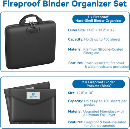 Fireproof Binder Organizer with 20 Pack Binder Pockets & Lock,Black