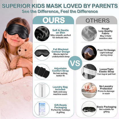 Kids Sleep Mask, Soft Eye Mask for Boys Girls with Adjustable Strap, Silk Light Blocking Sleeping Mask for Naps, Travel and Night Sleep, Includes Laundry Bag (Black)
