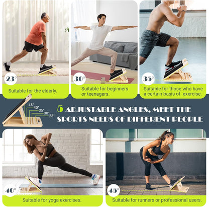 Slant Board for Calf Stretching, Adjustable Portable Wooden Incline Board for Calf Stretcher with Training Poster, 300 Lbs Weight Capacity Calf Stretch Wedge for Leg, Knees, Heel, Ankle & Stretching