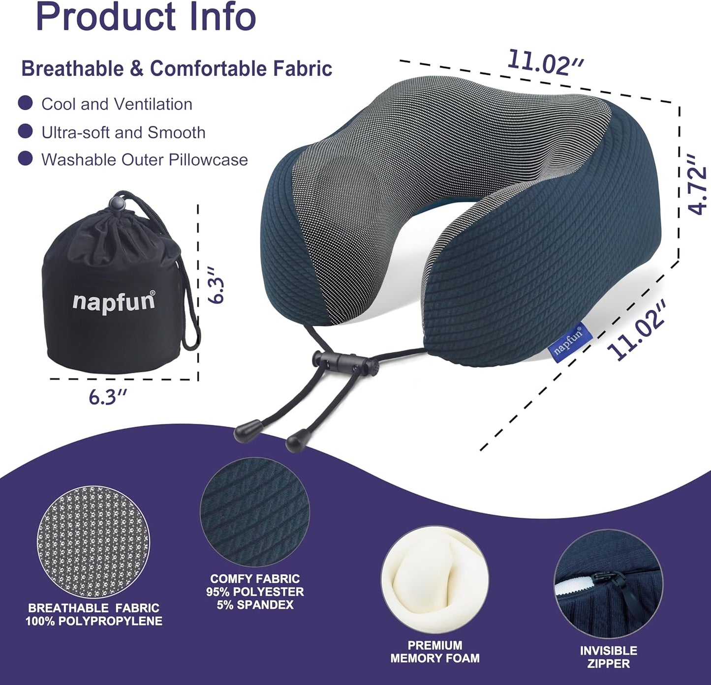 napfun Neck Pillow for Traveling, Upgraded Travel Neck Pillow for Airplane 100% Pure Memory Foam Travel Pillow for Flight Headrest Sleep, Portable Plane Accessories, Light Grey
