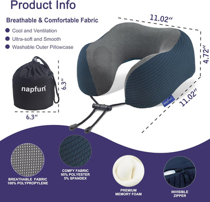 napfun Neck Pillow for Traveling, Upgraded Travel Neck Pillow for Airplane 100% Pure Memory Foam Travel Pillow for Flight Headrest Sleep, Portable Plane Accessories, Light Grey