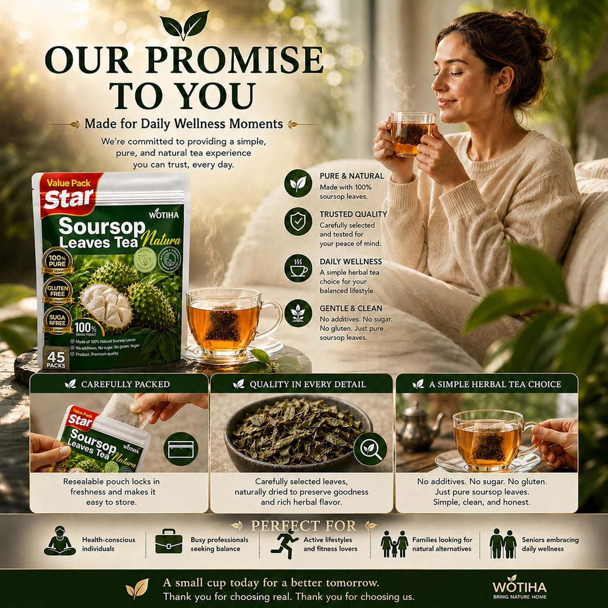 WOTIHA 45 Count Premium Soursop Graviola Tea Bags - 100% Natural soursop leaves, Non-GMO, Caffeine/Sugar/Gluten Free Vegan, Food-Grade Biodegradable Bags, Hojas De Guanabana.