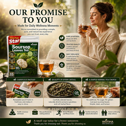 WOTIHA 45 Count Premium Soursop Graviola Tea Bags - 100% Natural soursop leaves, Non-GMO, Caffeine/Sugar/Gluten Free Vegan, Food-Grade Biodegradable Bags, Hojas De Guanabana.