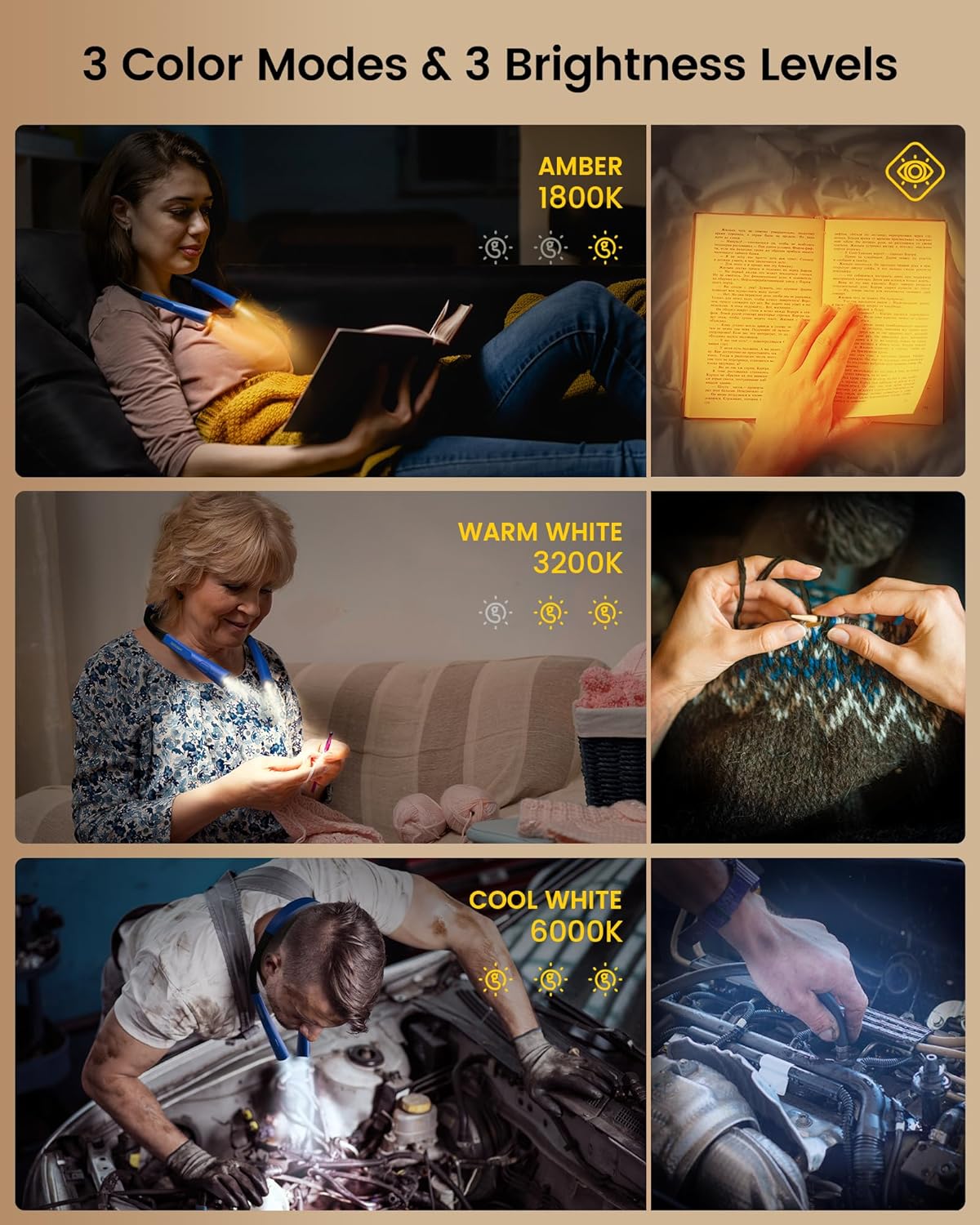 Glocusent Book Light, 3-Color & 6-Brightness Reading Light, Bendable Neck Light, 80-hr Lasting Rechargeable Book Light, Perfect Reading Lights for Books in Bed, Knitting, Repairing, Book Lovers Gifts
