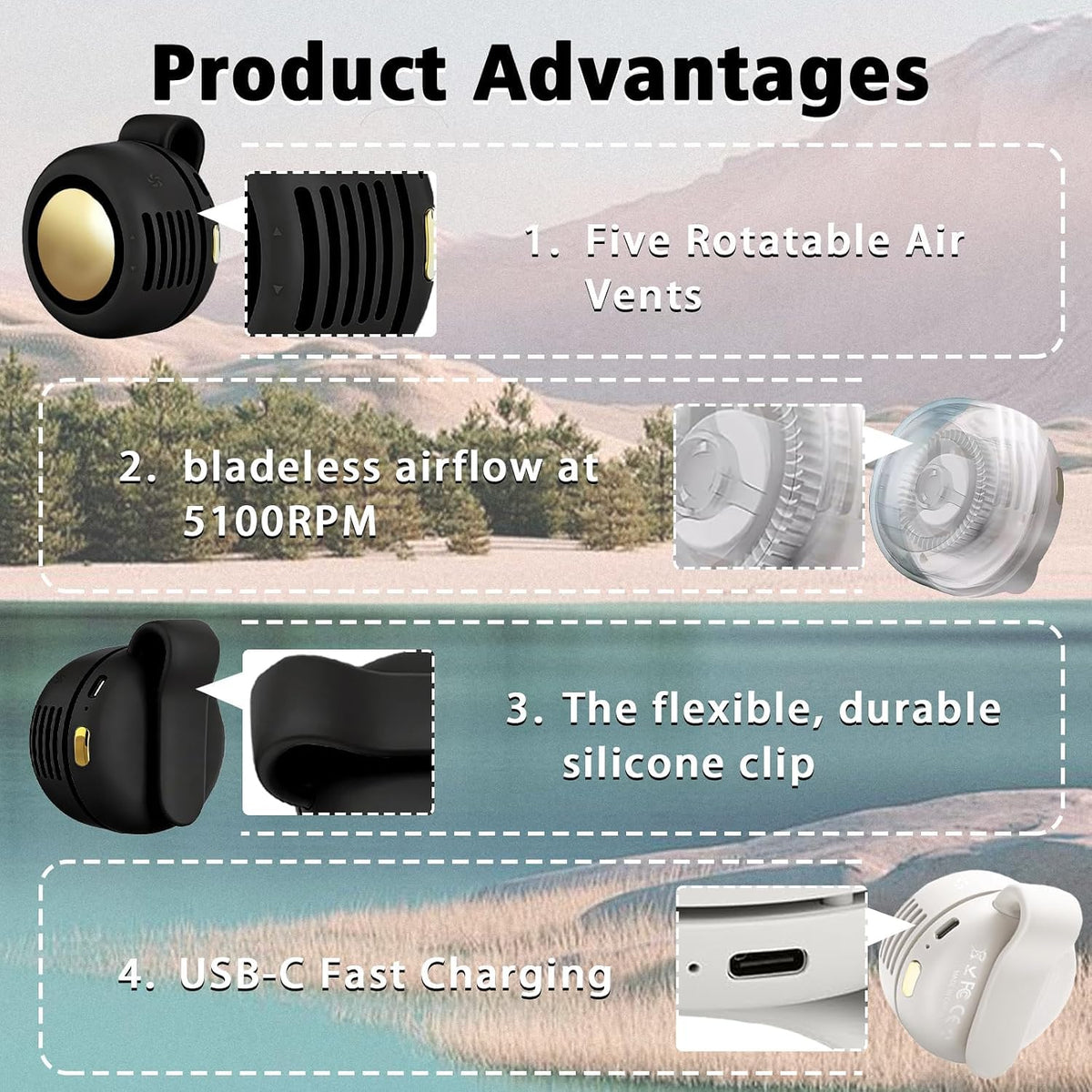 Portable Clip-On Fan, Mini USB Rechargeable 360° Rotatable Fan, Personal Fan 3-Speed Silent Mini Bladeless Fans (White)