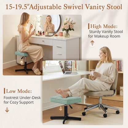 LUE BONA Adjustable Vanity Stool, Foot Rest Under Desk, 360° Swivel Vanity Chair for Makeup Room, Black Upholstered Faux Leather Ottoman for Bathroom & Living Room, 300lbs