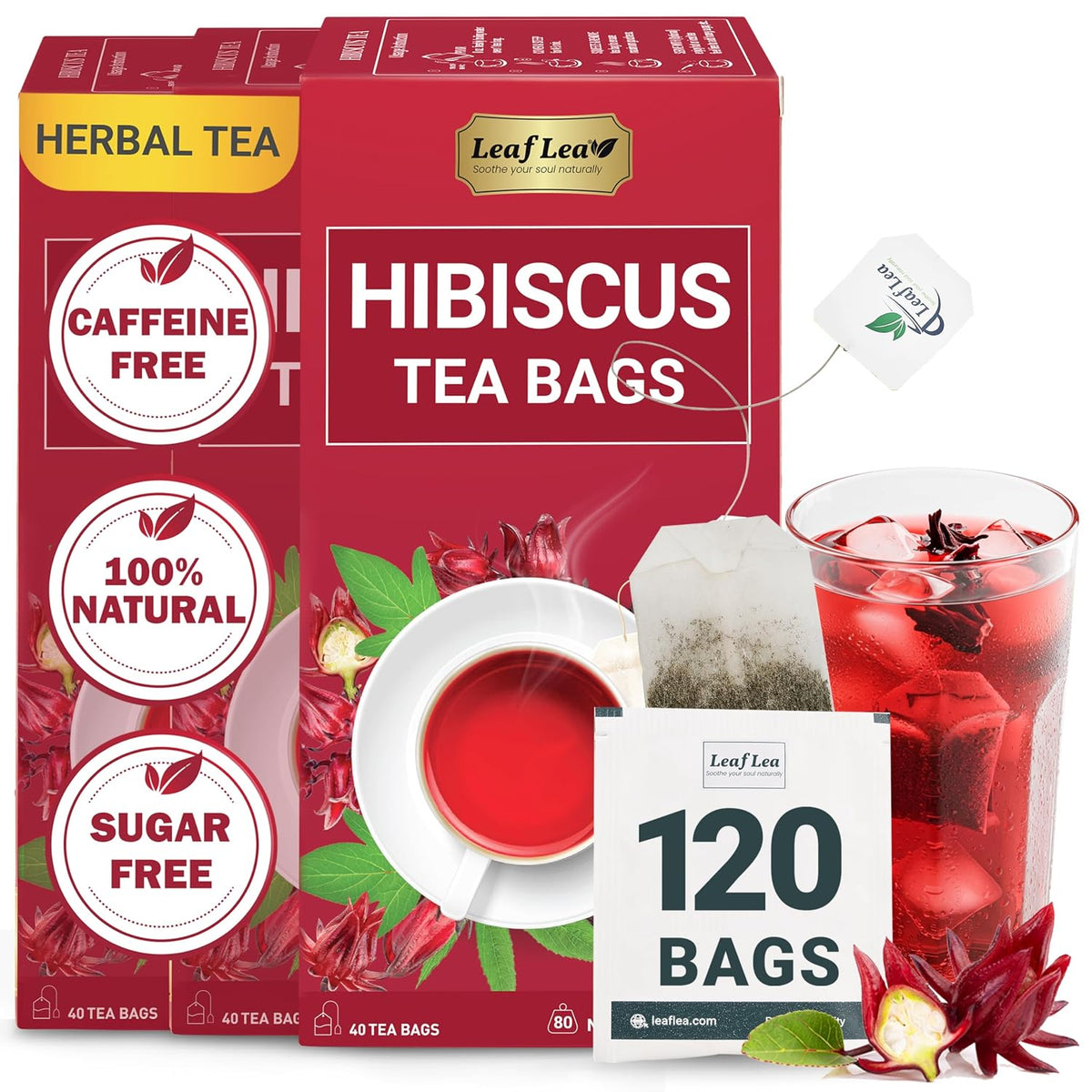 LeafLea 120 Hibiscus Tea Bags, Rich Flavor & Color, 120 Count