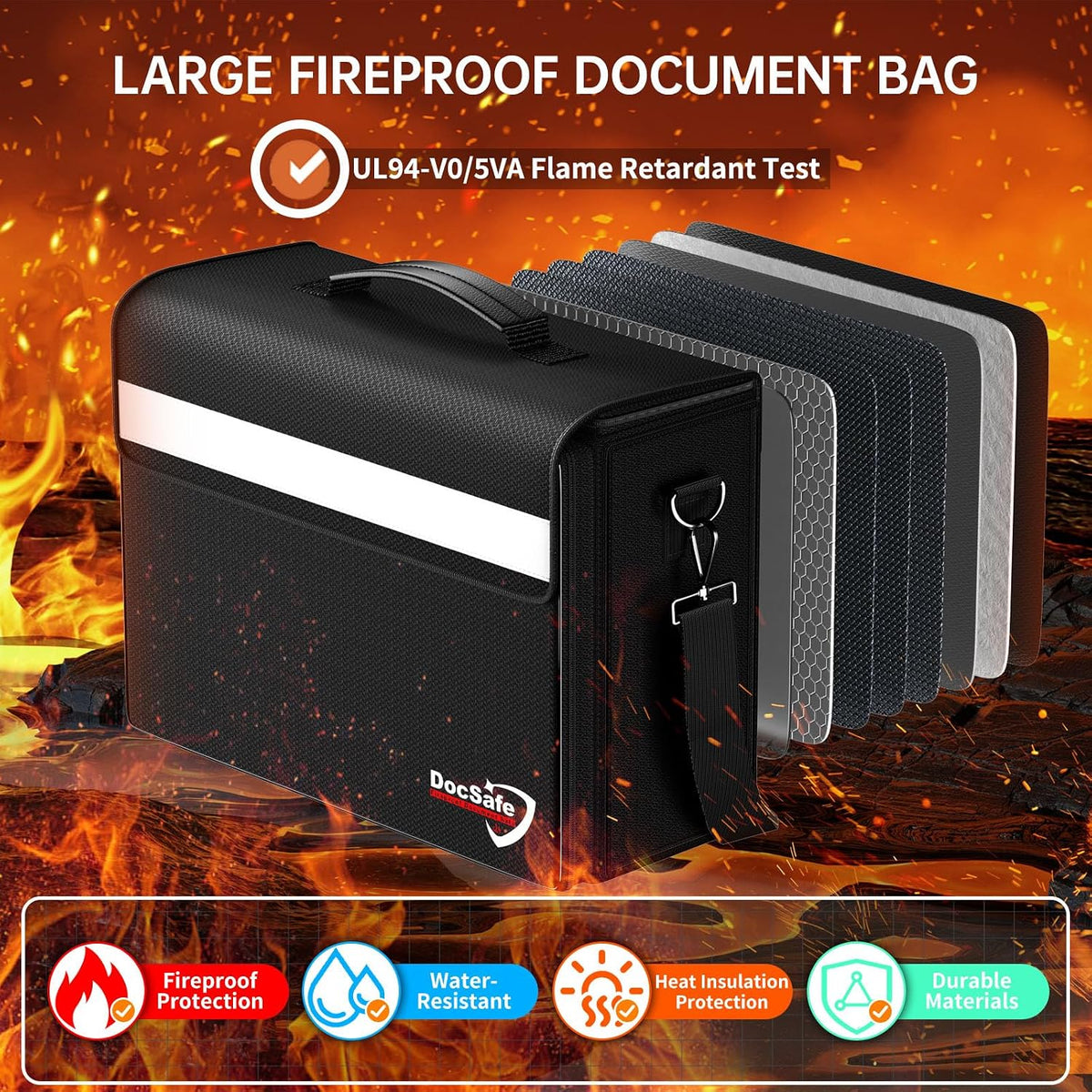 DocSafe Fireproof Document Bag with Multiple Pockets,5200°F Large (17”x12.5”x7.2”) File Organizer Fireproof Waterproof Bag Important Document Holder Home Office Portable Filing Storage for Valuables