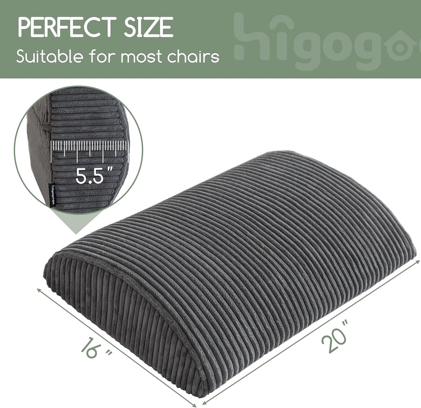 HIGOGOGO Lumbar Support Pillow for Recliner Chair/Accent Chair/Couch, Memory Foam Back Support Cushion for Elderly, Recliner Cushions for Back Rest, Pain Relief, Reading, Washable Cover, Dark Grey