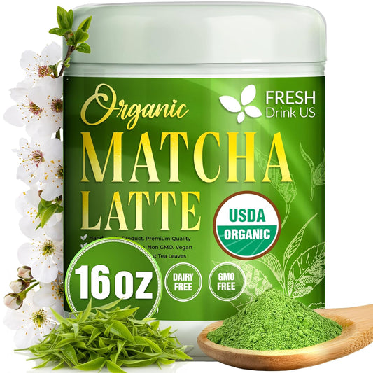 FreshDrinkUS, Matcha Latte Powder 16 oz – Premium Japanese-Style Blend for Smooth, Creamy Matcha Drinks – Perfect for Lattes, Baking, Smoothies & Daily Enjoyment. Vegan