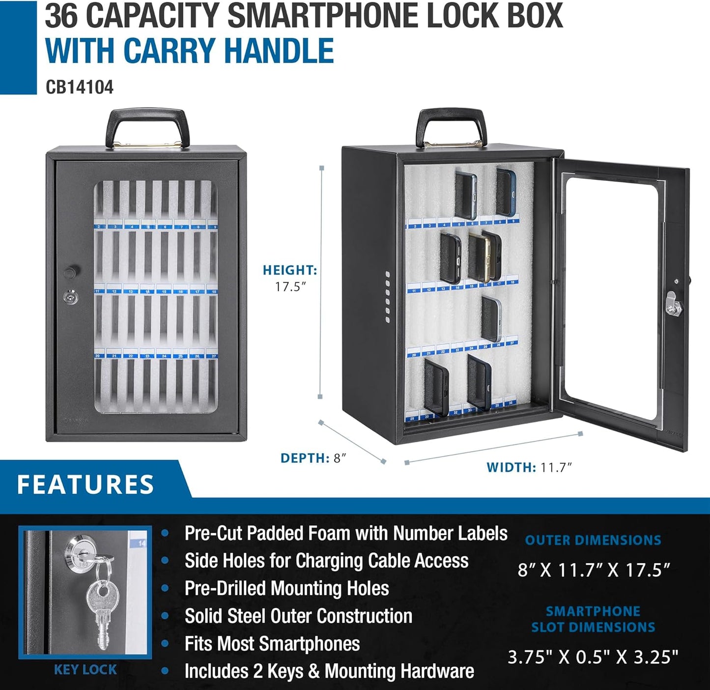 Barska 36 Cell Phone Lock Box Portable & Wall Mountable Storage Cabinet with Key Lock, Foam Slots & Charging Ports for Classrooms & Offices