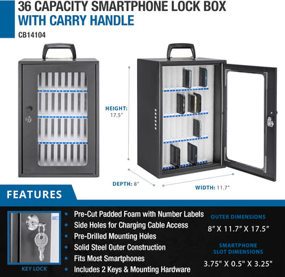 Barska 36 Cell Phone Lock Box Portable & Wall Mountable Storage Cabinet with Key Lock, Foam Slots & Charging Ports for Classrooms & Offices