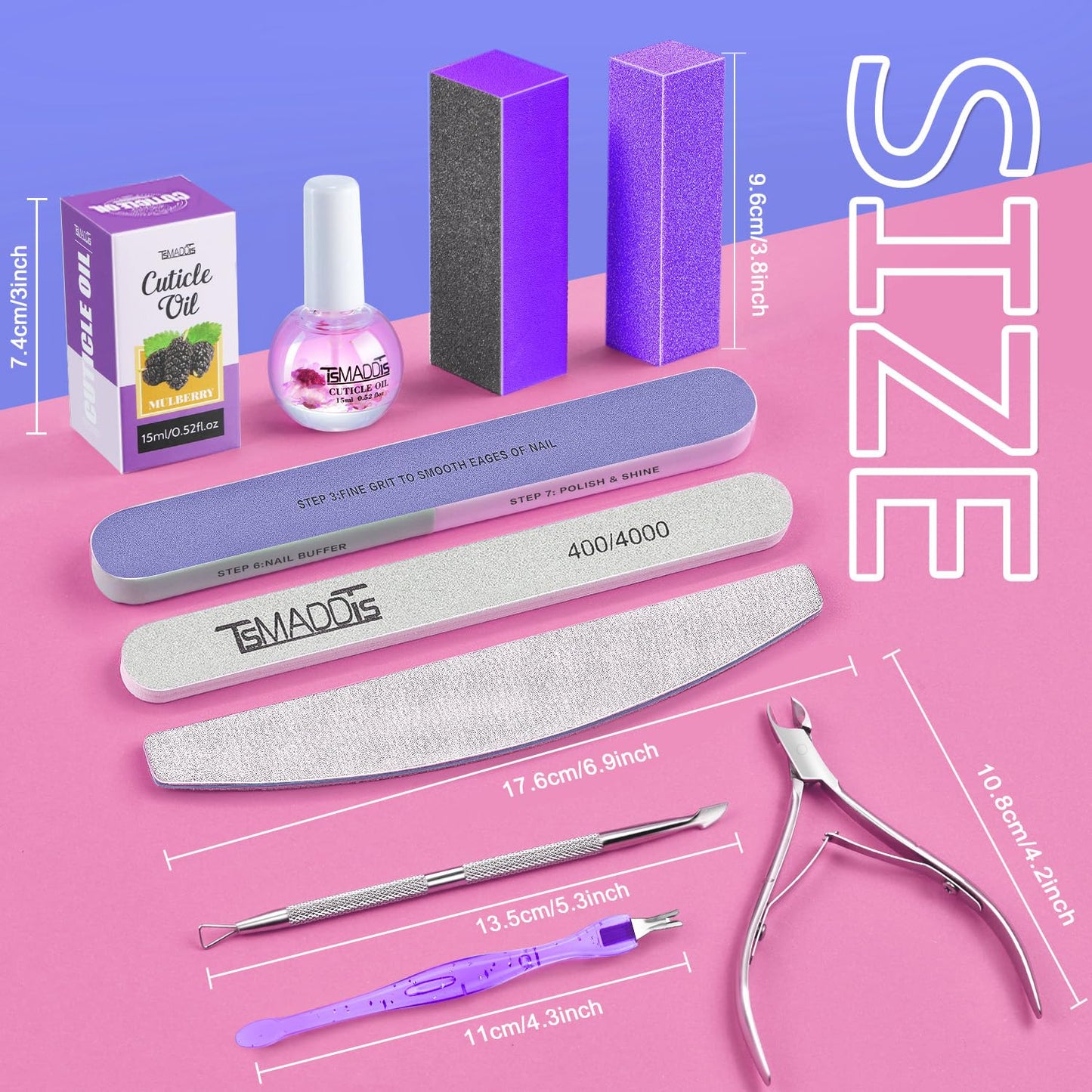 TsMADDTs Manicure Tools Kit Nail Care Kit with 3 pcs Files, 2 pcs Buffer Blocks, 2 Polishing Buffers, Cuticle Nipper, Pusher and Cuticle Oil