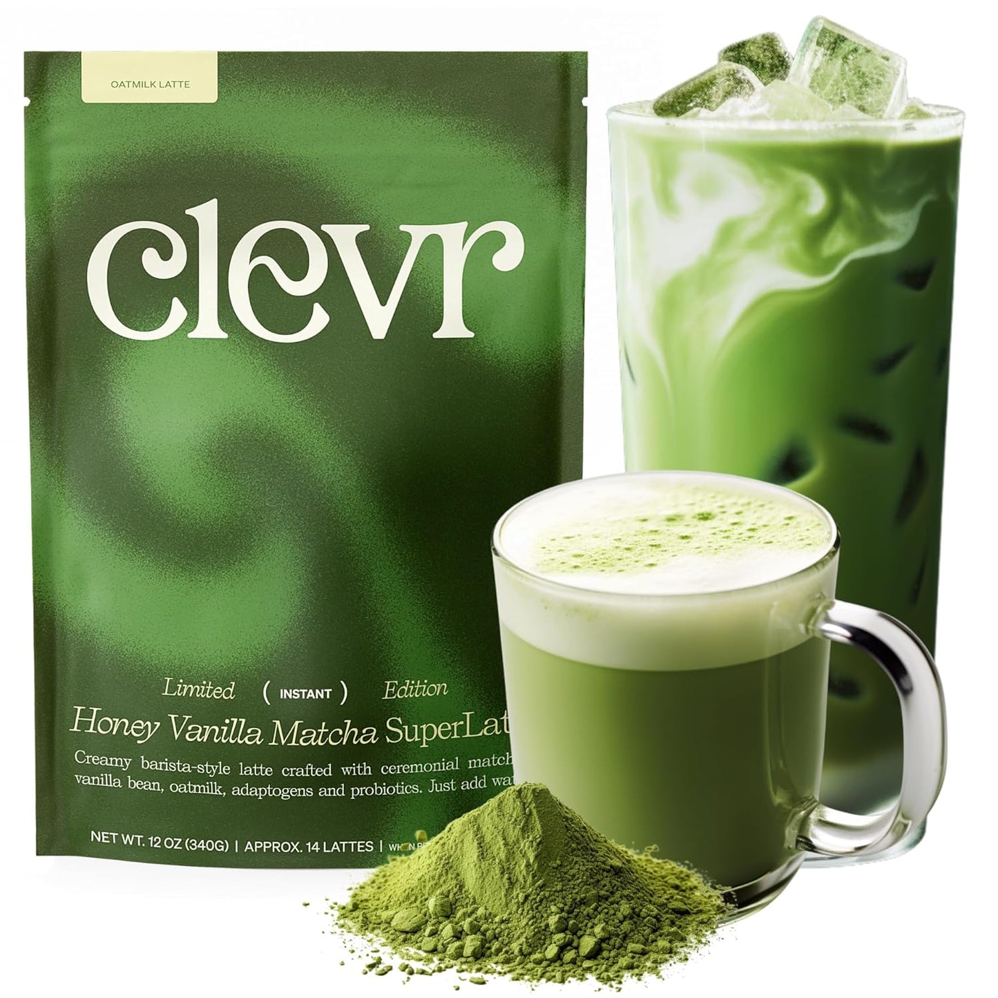 Clevr Pistachio Matcha SuperLatte, Organic Ceremonial Grade, Instant Superfood Powder Blend with Lions Mane, Reishi Mushroom, Coconut Cream, Ashwagandha, Serve Hot or Iced (14 Lattes)