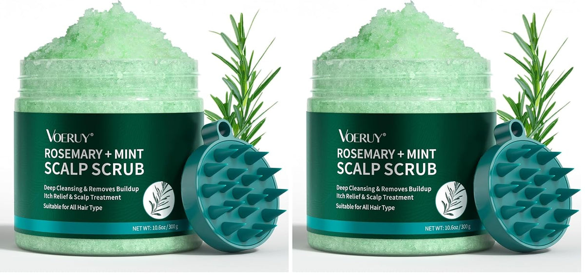 VOERUY Scalp Scrub, Rosemary Scalp Exfoliator Scrub Shampoo, 2-in-1 Scalp Treatment with Mint Oil, Hair Treatment to Clarify and Remove Build Up with Silicone Scalp Massager, 10.6oz/300g
