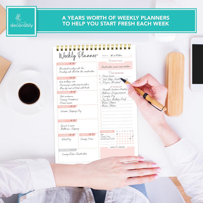 Decorably 52 Sheets Blue Undated Weekly Planner Notepad - 6.5x10in Spring-Bound, Easy Tear-Off Design, with Focus, Priorities, to-do List, Habit Tracker & Notes - Home, School, Office