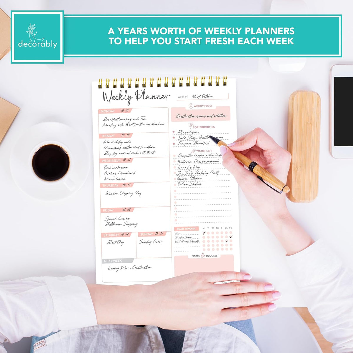 Decorably 52 Sheets Blue Undated Weekly Planner Notepad