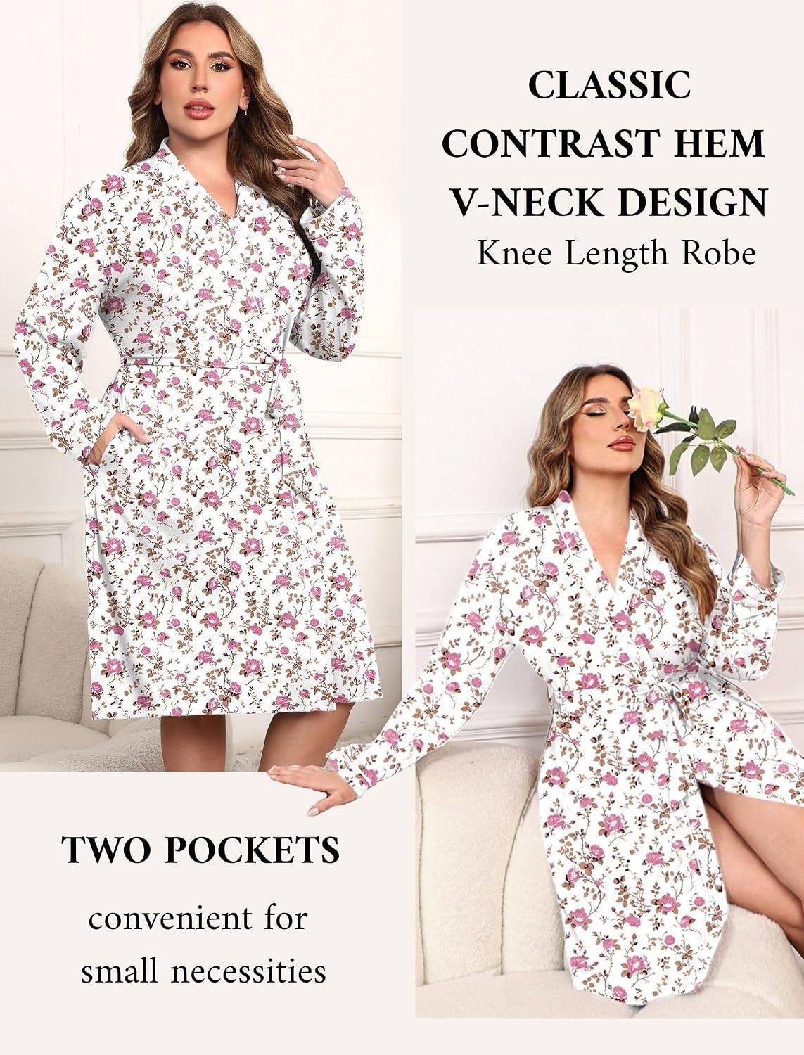 Ekouaer Plus Size Robes for Women Soft Bathrobe V Neck Soft Maternity Robe