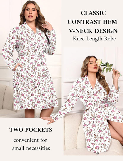 Ekouaer Plus Size Robes for Women Soft Bathrobe V Neck Soft Maternity Robe