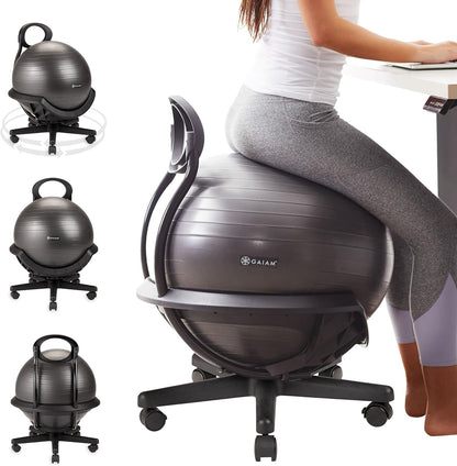 Gaiam Classic Balance Ball Chair – Ergonomic Stability Chair for Desk & Office | Yoga Ball Seat with Base, Air Pump, & Exercise Guide | Improves Posture & Core Strength (300 lb Capacity)