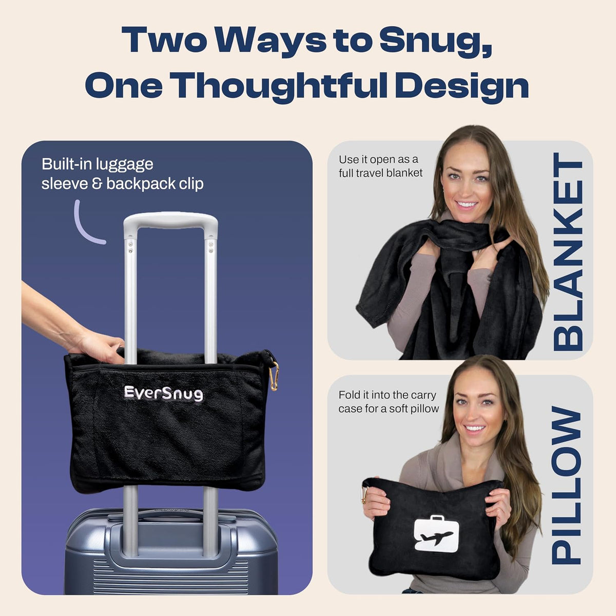 EverSnug Travel Blanket and Pillow - Premium Soft 2 in 1 Airplane Blanket with Soft Bag Pillowcase, Hand Luggage Sleeve and Backpack Clip (Grey)