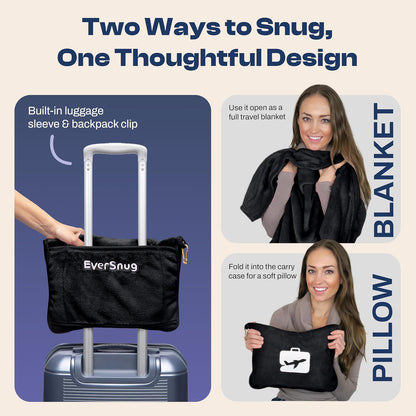 EverSnug Travel Blanket and Pillow - Premium Soft 2 in 1 Airplane Blanket with Soft Bag Pillowcase, Hand Luggage Sleeve and Backpack Clip (Grey)