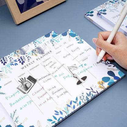 Weekly Planner Notepad Tear Off Set of 2 Weekly Calendar Pad 52 Undated To Do List Notepad Sheets Desk Planner Planning Pads Productivity Tracker for Work Goals Notes Schedule Ideas, Floral Blue