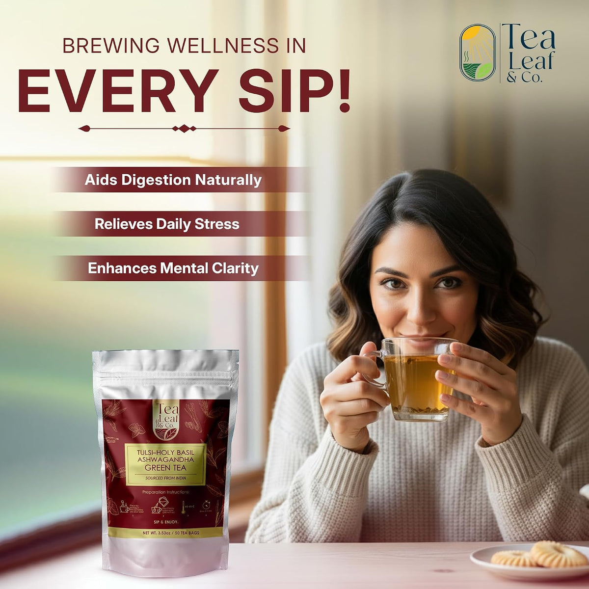 Tulsi Ashwagandha Green Tea 3.5oz, Natural Herbal Infusion, 50 Tea Bags