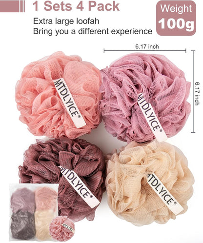 MTDLYICE Loofah Sponge, XXL Large Loofah 100g 4 Pack, Bath Sponge Soft Mesh Shower Loofah for Men, Body Scrub, Shower Pouf Bath Accessories, for Body Wash, Soap (Blue Gray)
