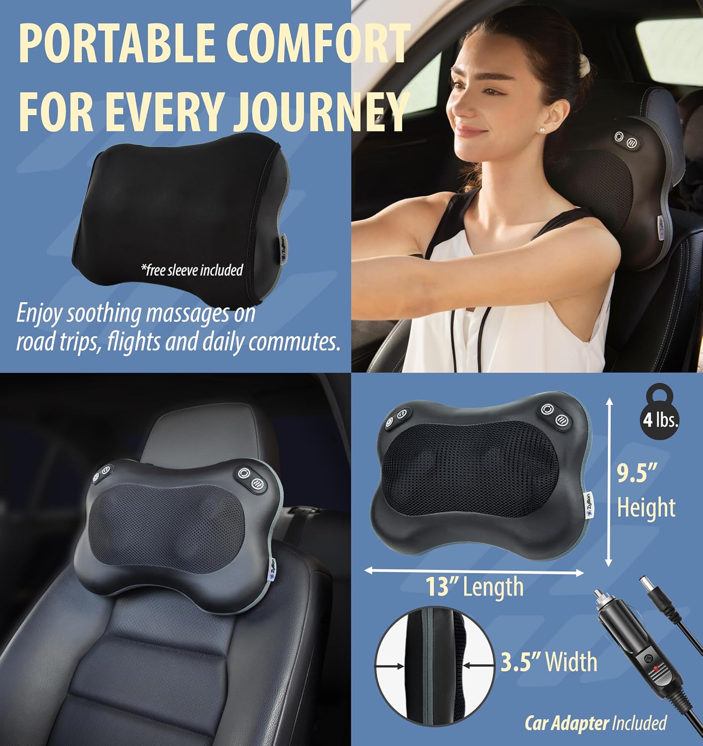 Zyllion Shiatsu Back and Neck Massager with Heat - 3D Electric Kneading Deep Tissue Massage Pillow with 8 Massaging Nodes for Muscle Pain Relief, Black, ZMA-25
