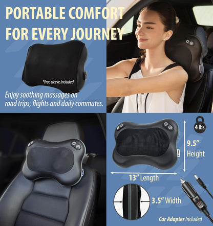 Zyllion Shiatsu Back and Neck Massager with Heat - 3D Electric Kneading Deep Tissue Massage Pillow with 8 Massaging Nodes for Muscle Pain Relief, Black, ZMA-25