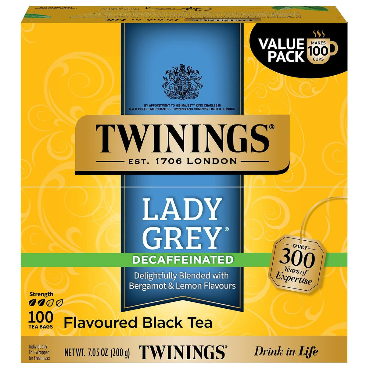 Twinings Decaffeinated Lady Grey Black Tea Individually Wrapped Bags, 100 Count (Pack of 1), Orange Peel & Lemon Peel, Fresh and Uplifting, Caffeinated, Enjoy Hot or Iced, 100 Teabags