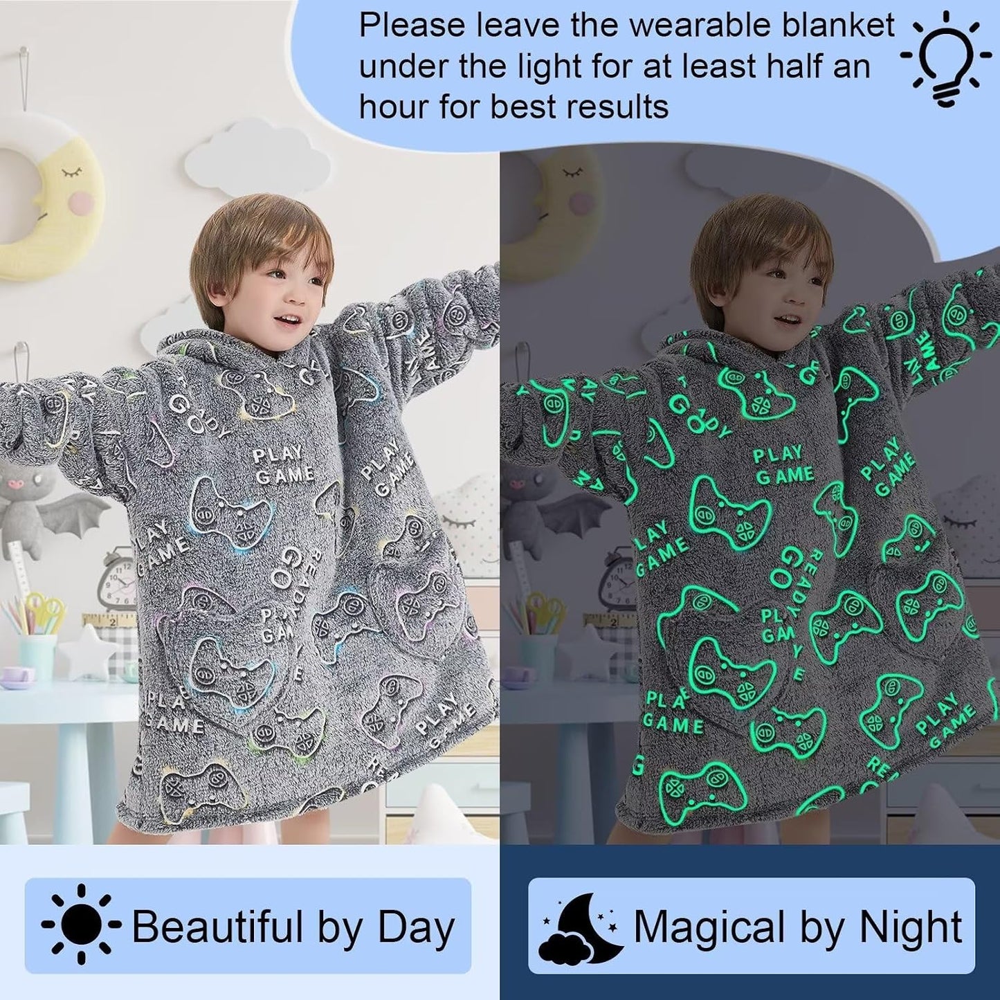 Fiosnow Glow in the Dark Unicorn Blanket Hoodies for Kids 6-13YR Oversize Wearable Blanket Hoodies for Boys Girls Teens