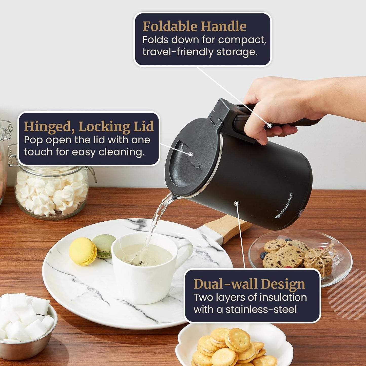 Elite Gourmet 1.7L Dual Wall Cool Touch Electric Tea Kettle, Borosilicate Glass, 304 Stainless Steel Interior, Programmed Digital Touchscreen, Keep Warm, Auto Off & Audible Indicator, Black