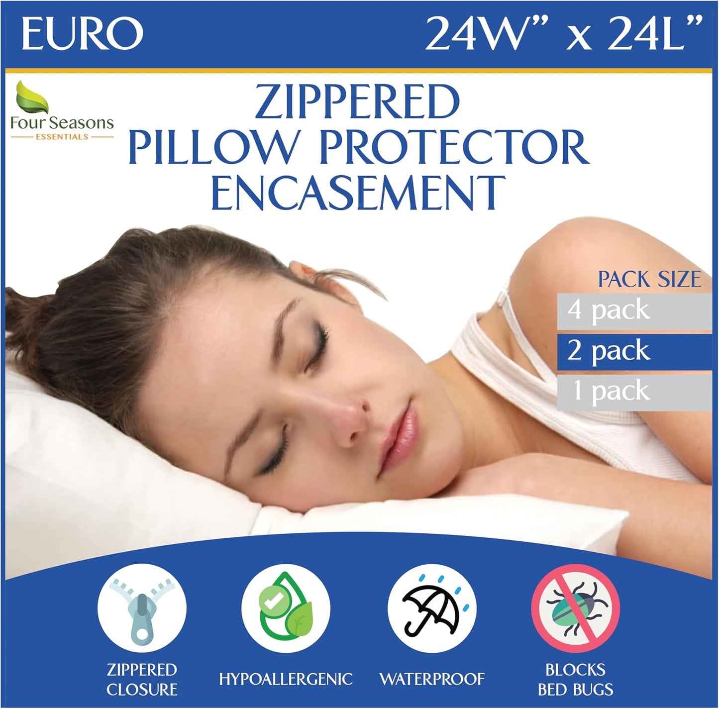 Four Seasons Essentials Standard Pillow Protectors (Set of 2) – Zippered Waterproof Pillow Covers Hypoallergenic Dust Proof Pillowcase Encasement Cover