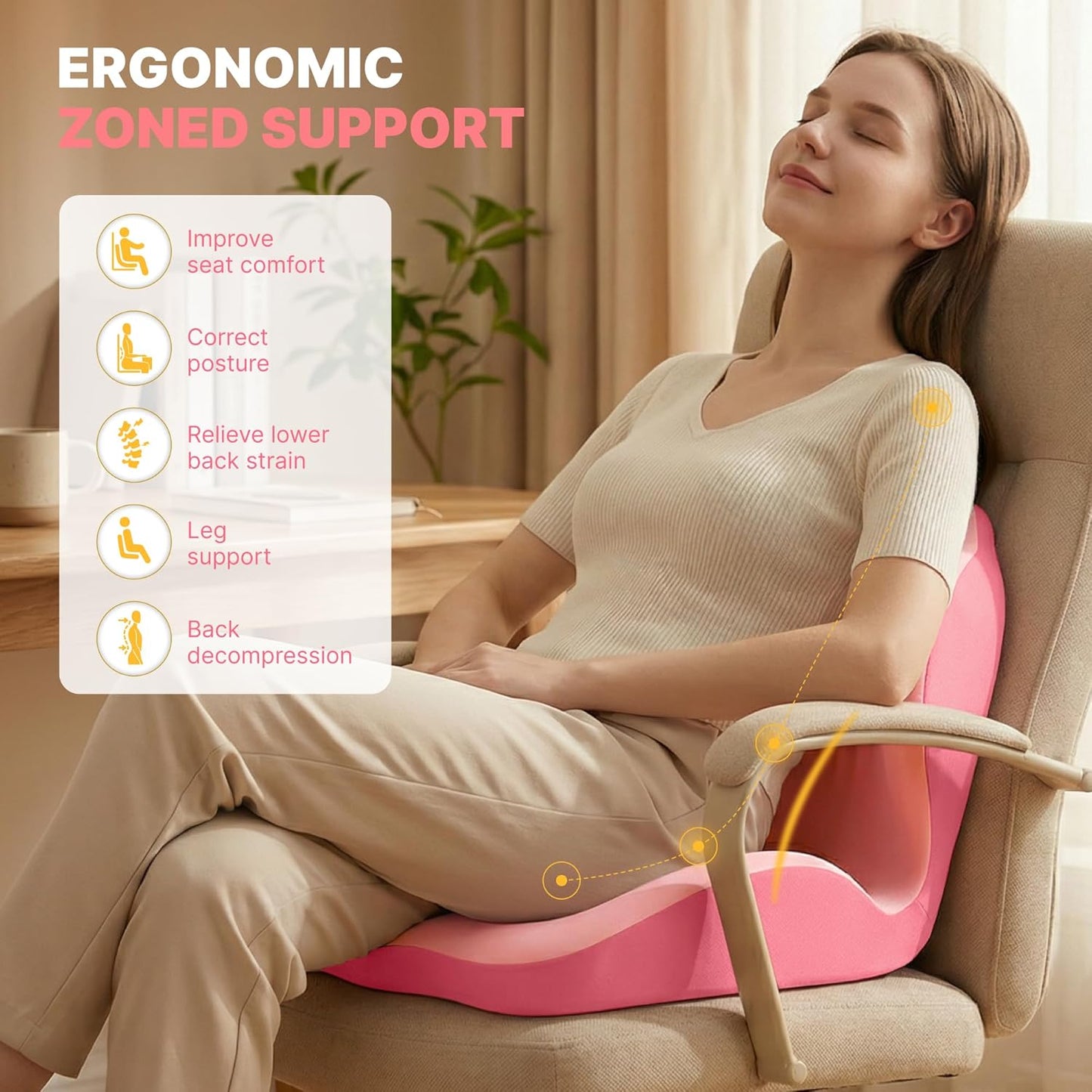 Ergonomic Seat Cushion, Office Chair Seat Cushions with L-Shaped Design, Memory Foam Orthopedic Cushion with Coccyx Hollow, Lumbar Support & Tailbone Pain Relief for Car, Truck, Gaming Chair (Black)