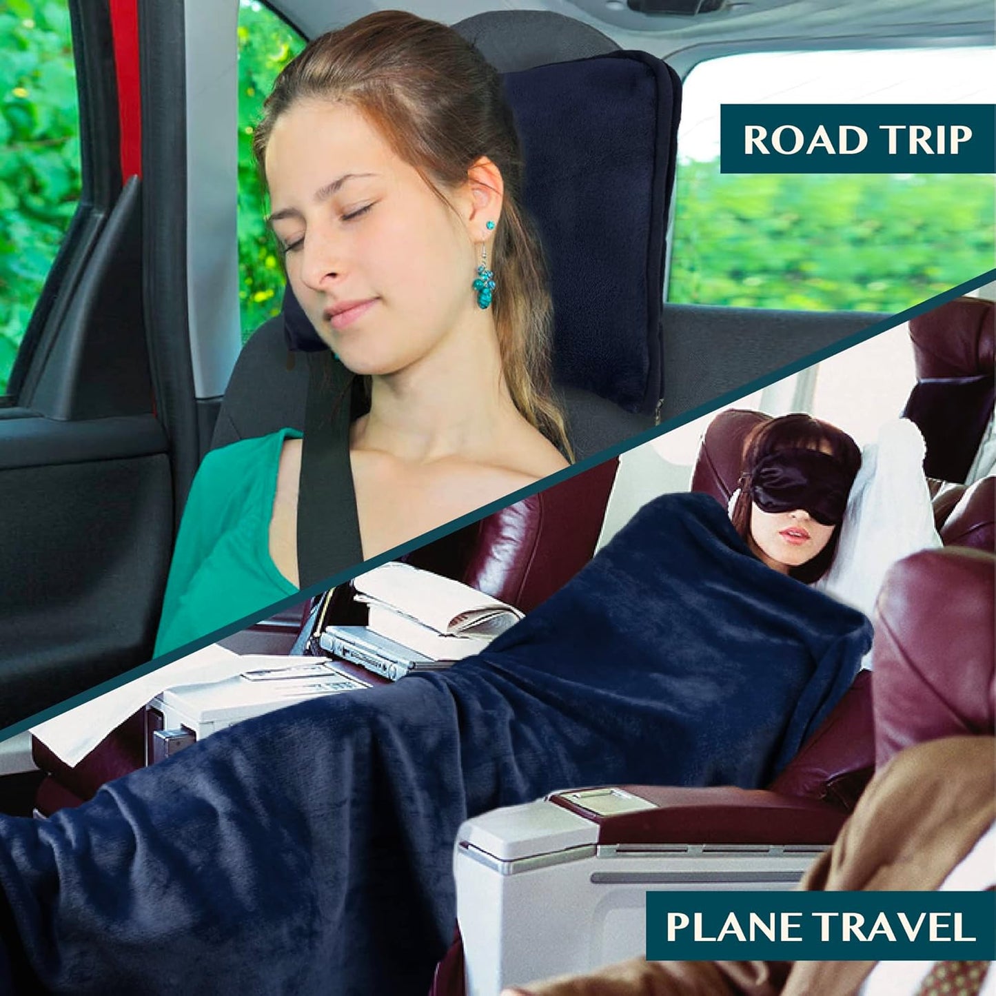 PAVILIA Travel Blanket Pillow, Soft Airplane Blanket 2-IN-1 Combo Set, Plane Blanket Compact Packable, Flight Essentials Car Pillow, Travelers Gifts Accessories Luggage Backpack Strap, 60x43 Teal Blue
