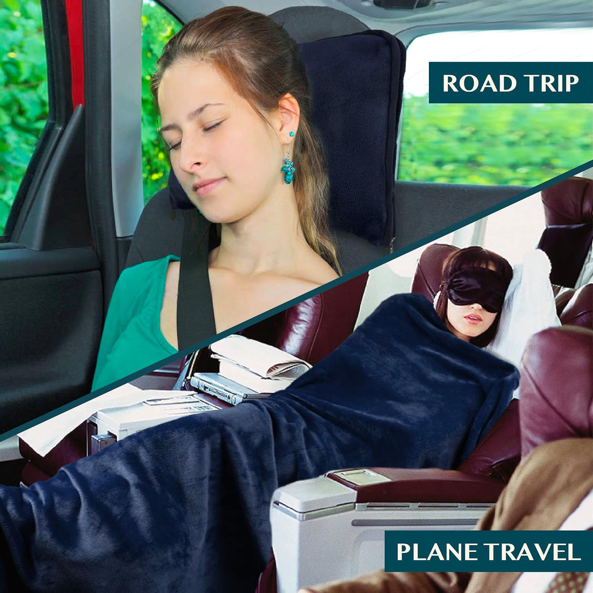 PAVILIA Travel Blanket Pillow, Soft Airplane Blanket 2-IN-1 Combo Set, Plane Blanket Compact Packable, Flight Essentials Car Pillow, Travelers Gifts Accessories Luggage Backpack Strap, 60x43 Teal Blue