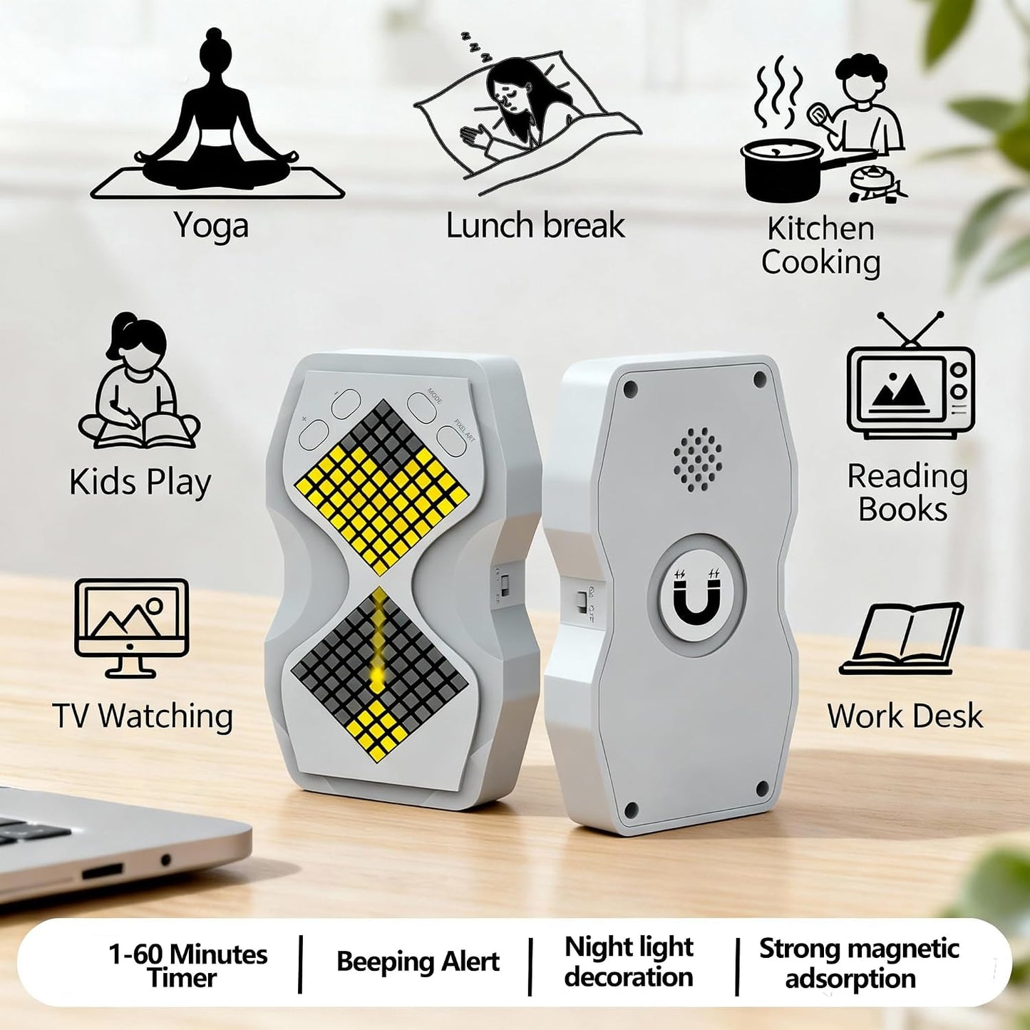 Visual Hourglass Timer, 1-60 Minute Countdown Magnetic Digital Timer, Buzzer Alert & Dimmable Night Light, Sand Timer for Kids Learning, Classroom, Cooking, Fitness,Kitchen(Black)