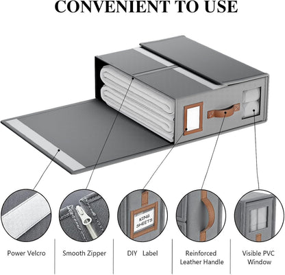Bed Sheets Organizers And Storage,Sheets Set Folder Keeper with Handle,Foldable Bedding Storage Box For Linen Closet,Duvet Cover(King Size-3.7 Gal,Beige)
