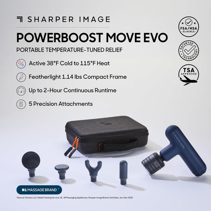 Sharper Image Deep Tissue Percussion Massage Gun, Powerboost Move Evo Hot & Cold Rechargeable Handheld Massager, 4 Adjustable Speeds, 5 Attachment Heads & Carrying Case, for Muscle Pain Relief, Blue