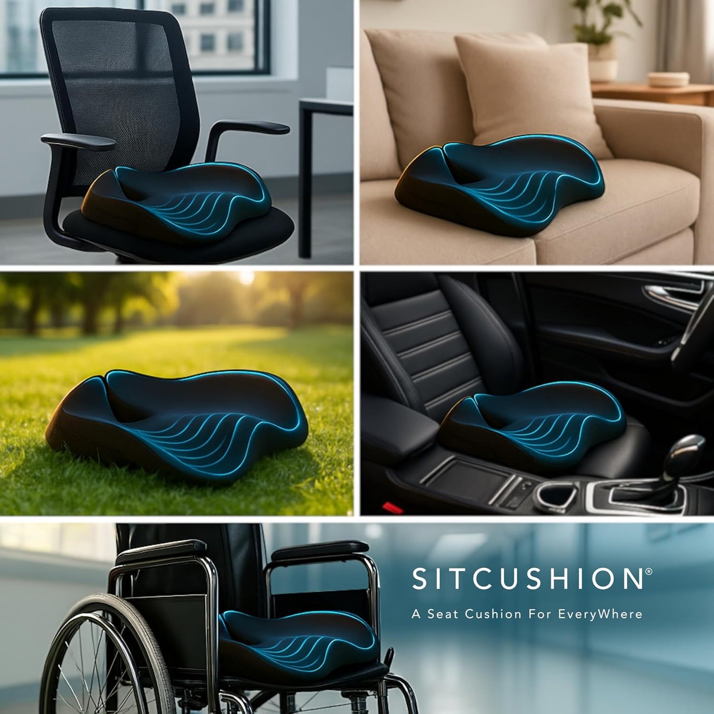 SitCushion Car Seat Cushion for Long Driving – X Large Memory Foam Seat Cushion for Sciatica & Tailbone Pain Relief, Orthopedic Coccyx Cushion with Non-Slip Bottom, Back Pillow for Car, Truck (Black)