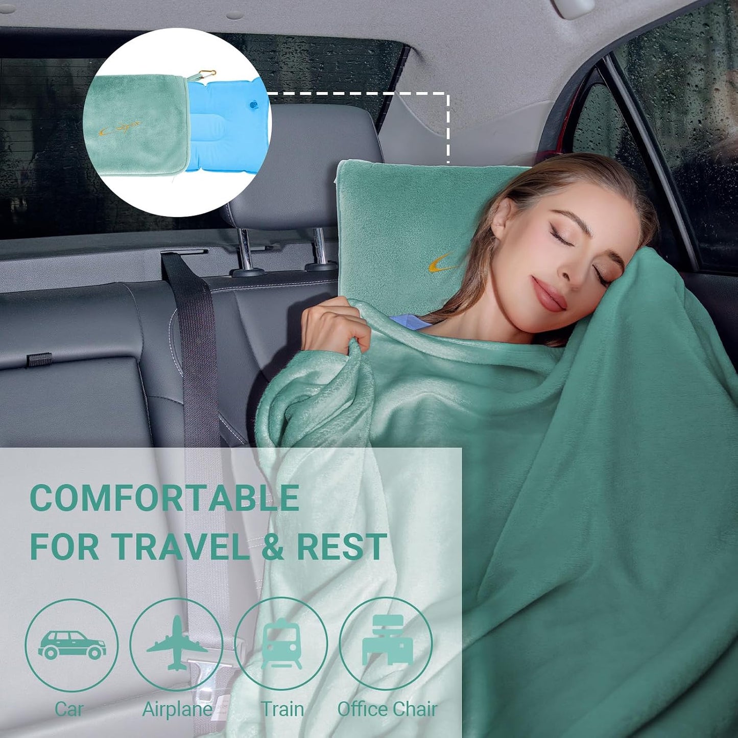 Compact Travel Blanket for Airplane, Premium Soft 2-in-1 Blanket with Pillowcase and Carry Bag, Lightweight Travel Essentials with Luggage Sleeve and Backpack Clip, Mint Green