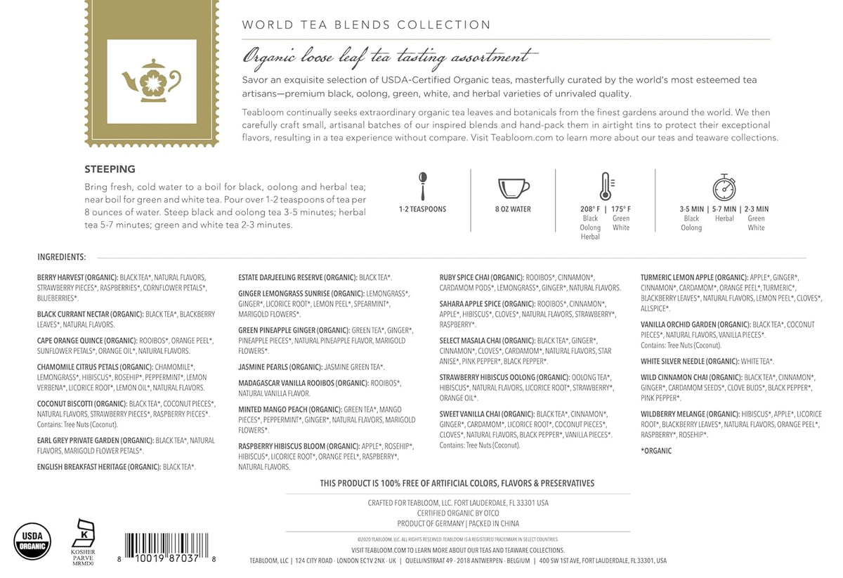 Teabloom Exceptional Organic & Kosher Certified Loose Leaf Tea Chest, World's Largest Tea Collection with 24 Varieties of Black, Green, White, Oolong, and Herbal Teas